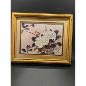 Japanese Nature Print Matted and Framed Small Birds and Hydrangea 8"x10"